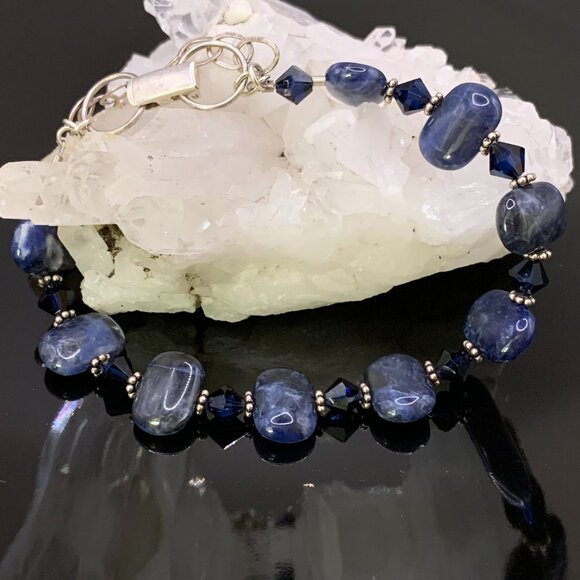Dark Blue Sodalite Stone Sterling Silver 925 Bracelet Earrings Set J521 - Picture 5 of 6